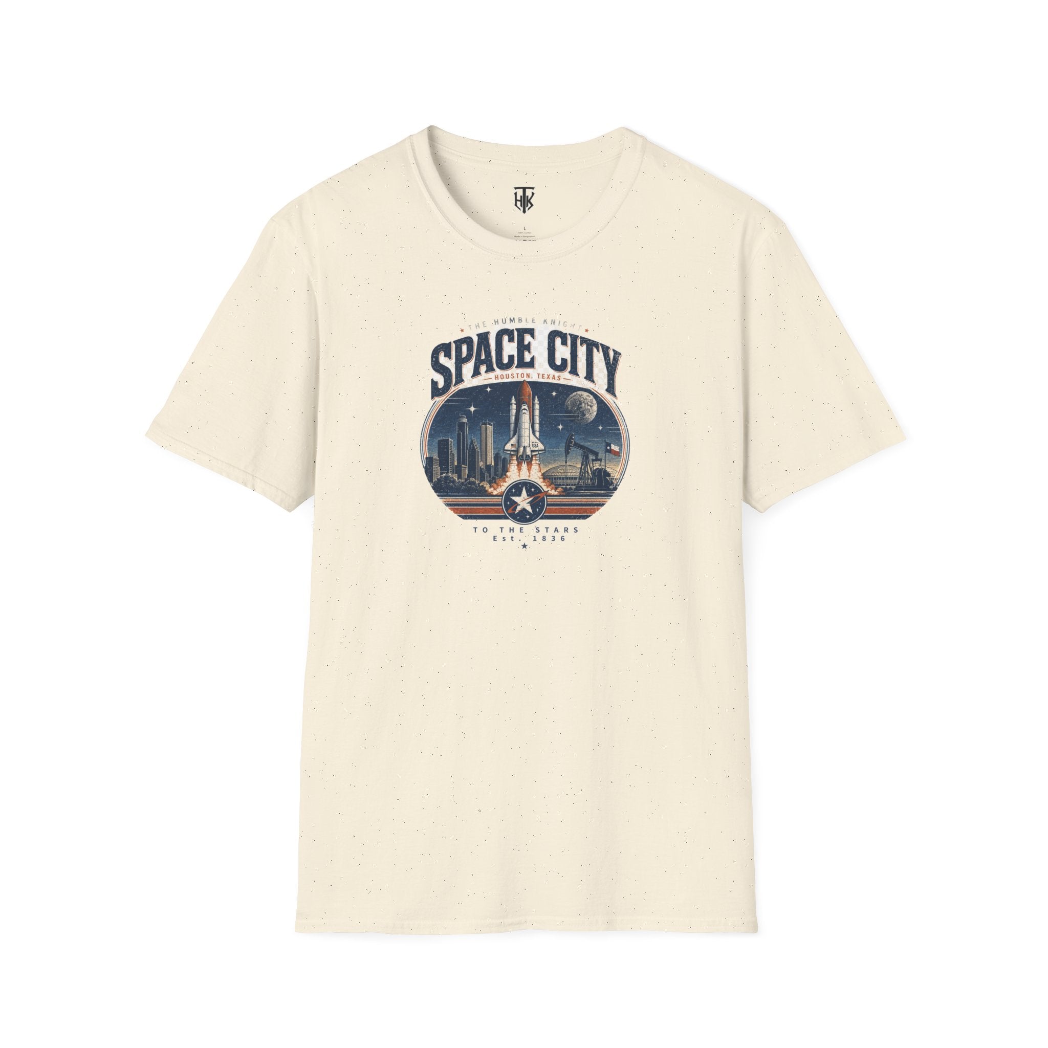 Space City T-Shirt — Vintage Rocket & Skyline Graphic Tee
