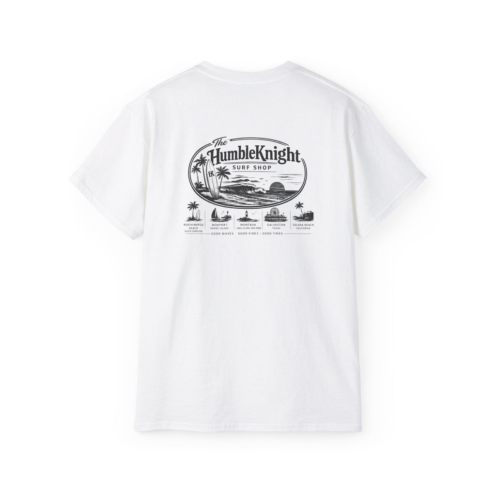 Humble Knight Surf Shop Tee - Vintage Beach Logo Cotton T-Shirt