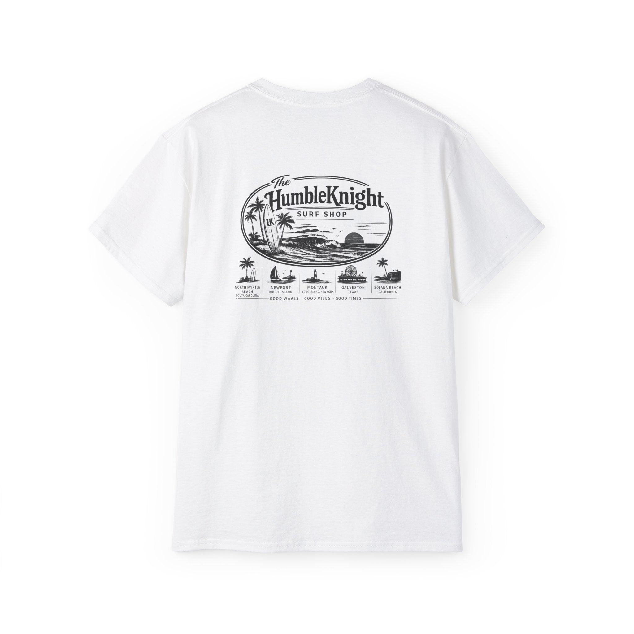 Humble Knight Surf Shop Tee - Vintage Beach Logo Cotton T-Shirt