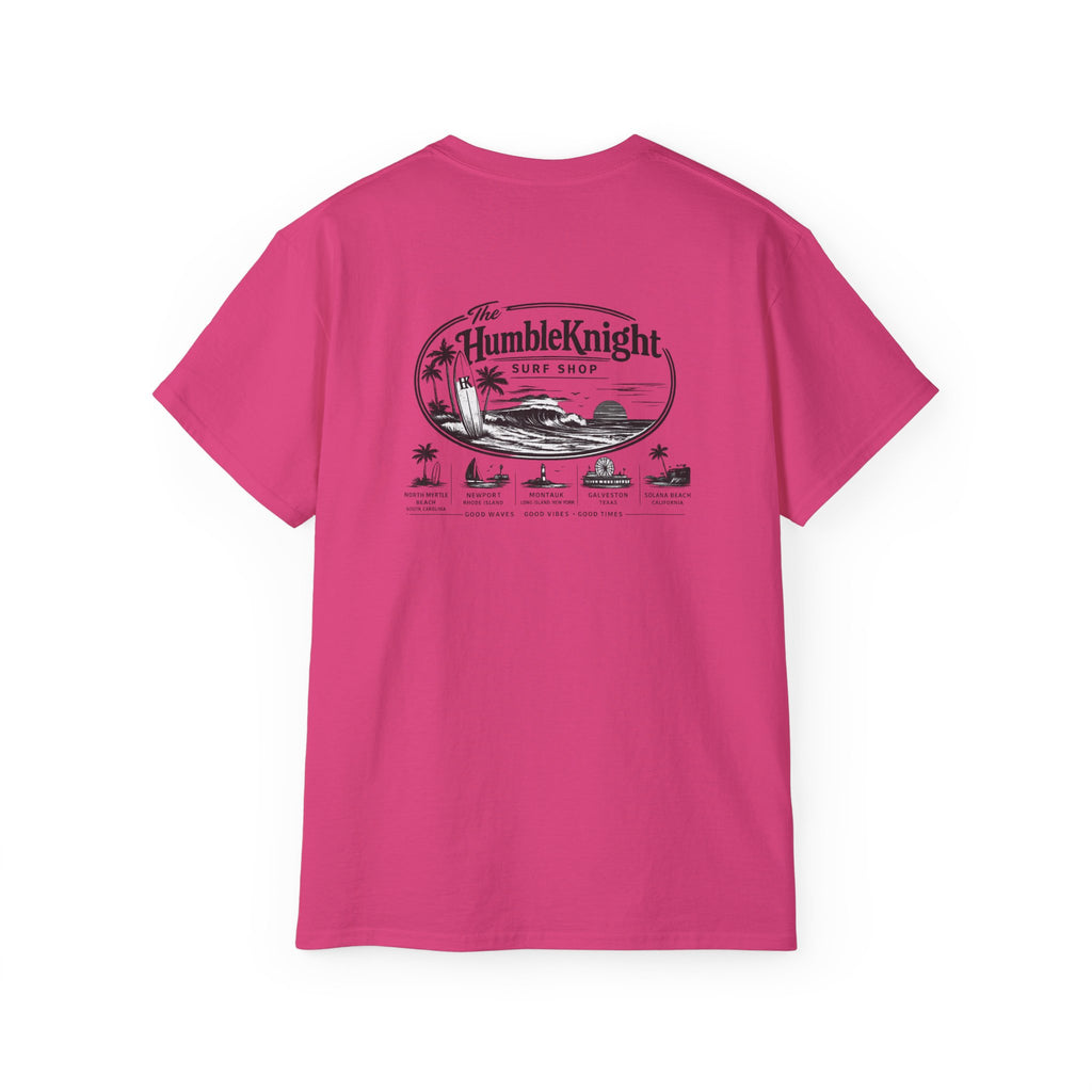 Humble Knight Surf Shop Tee - Vintage Beach Logo Cotton T-Shirt