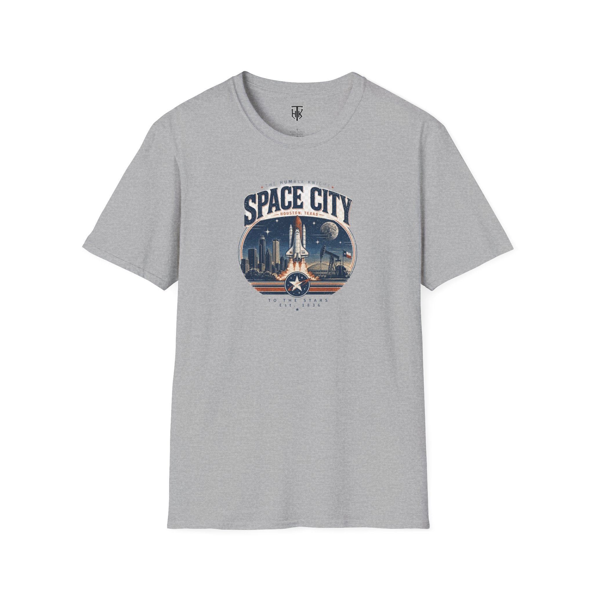Space City T-Shirt — Vintage Rocket & Skyline Graphic Tee