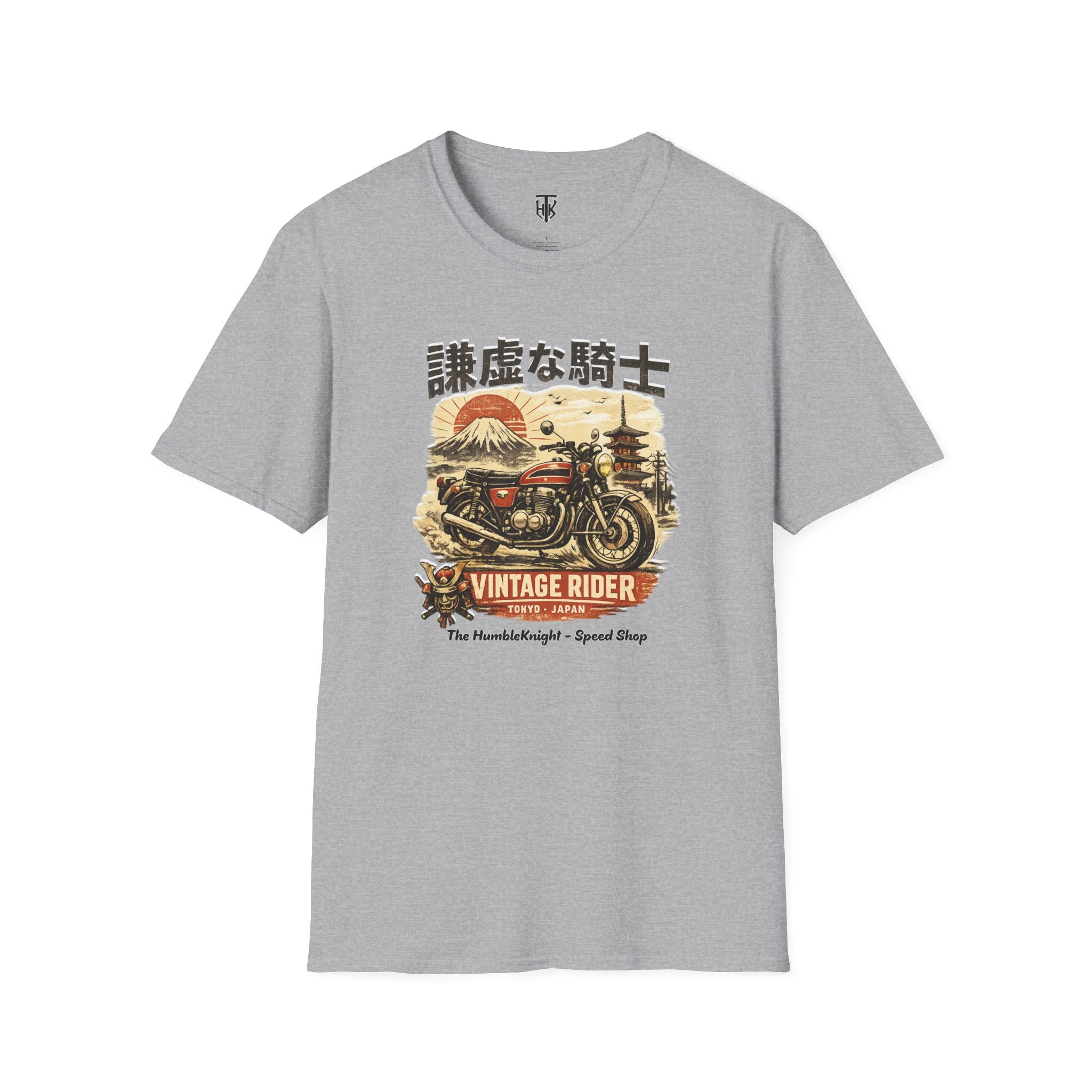 Vintage Japanese Motorcycle T-Shirt — '謙虚な騎士' Vintage Rider Graphic