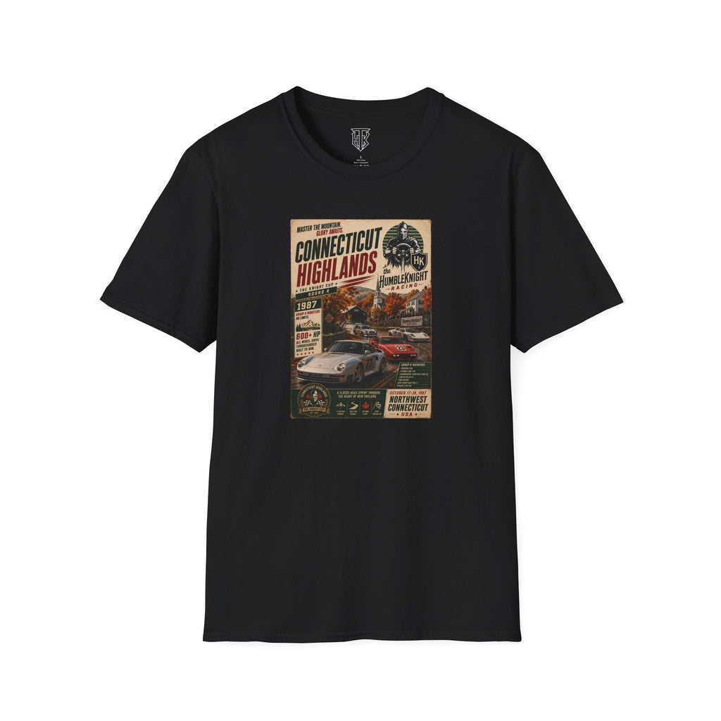 Connecticut Highlands Vintage Racing Tee — "Conn. Highlands" Retro Car Poster T-Shirt