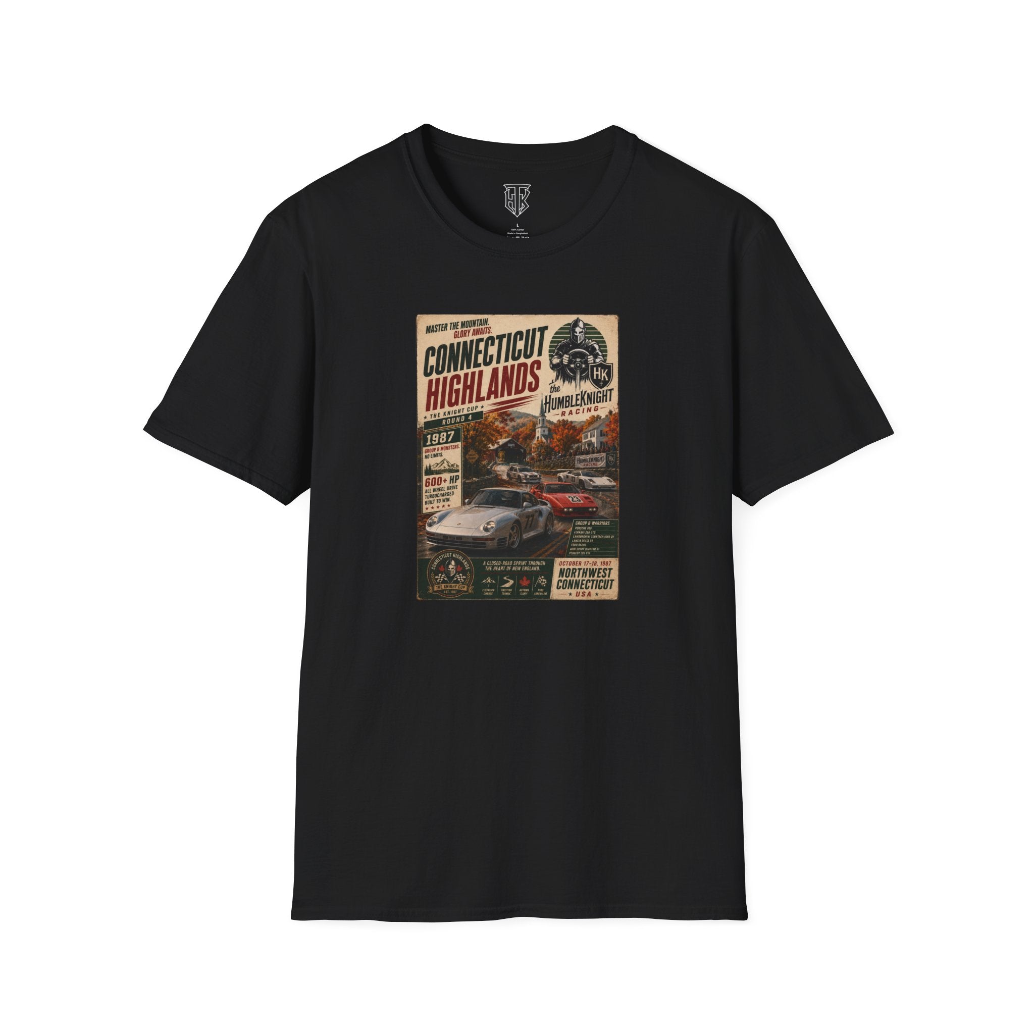 Connecticut Highlands Vintage Racing Tee — "Conn. Highlands" Retro Car Poster T-Shirt