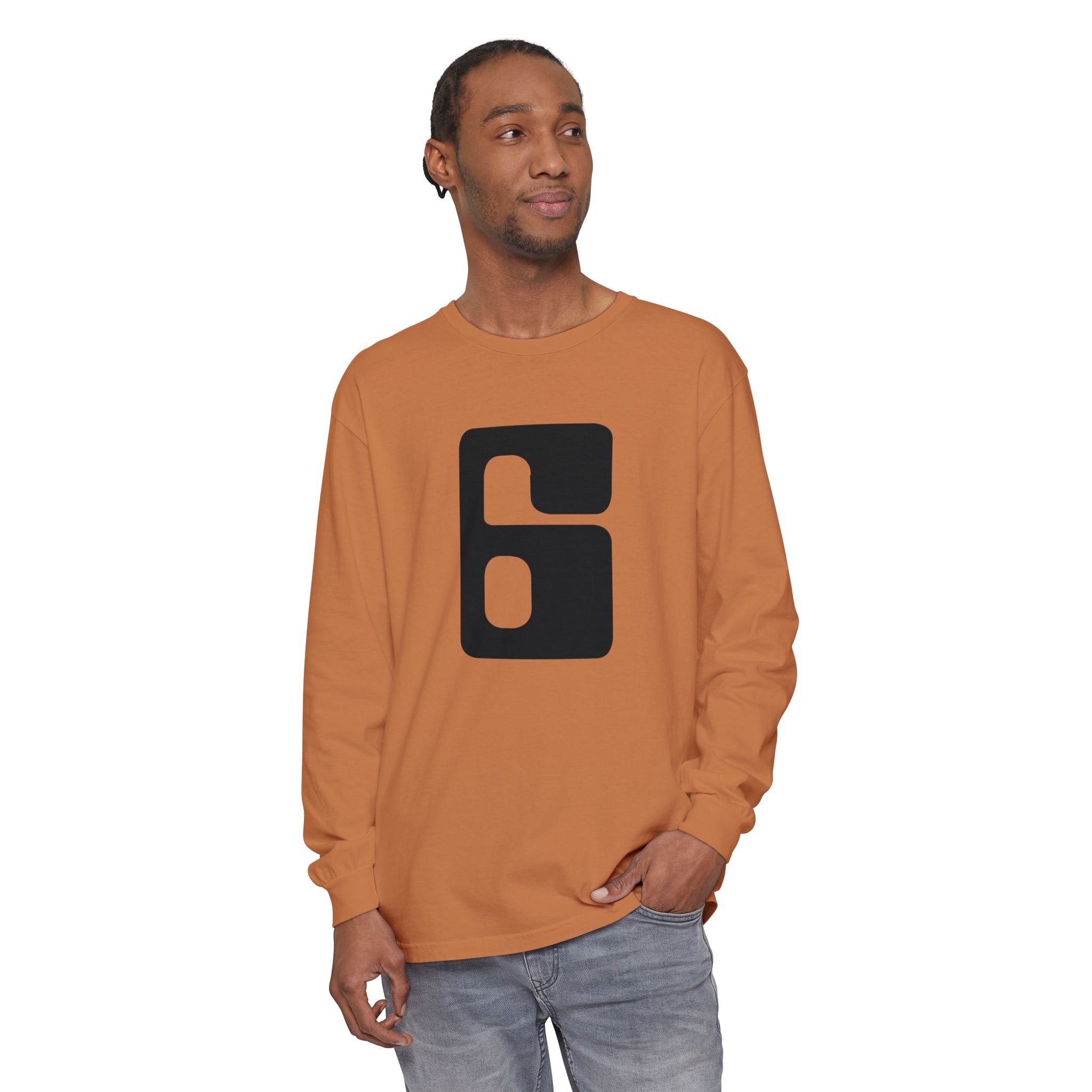Jonathan E Number 6 Long Sleeve Tee — Vintage Block '6' Graphic Shirt