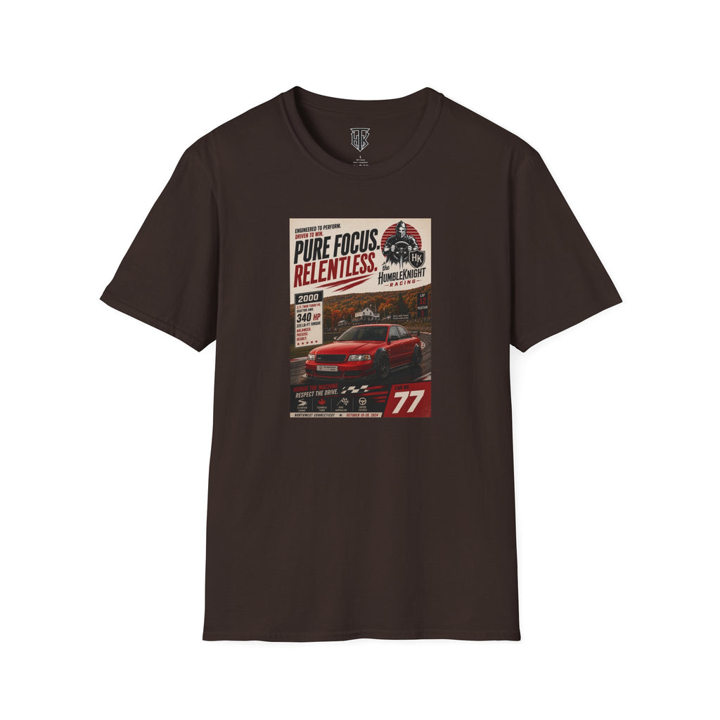 Racing Poster T-Shirt — "Pure Focus. Relentless." Vintage Car Graphic