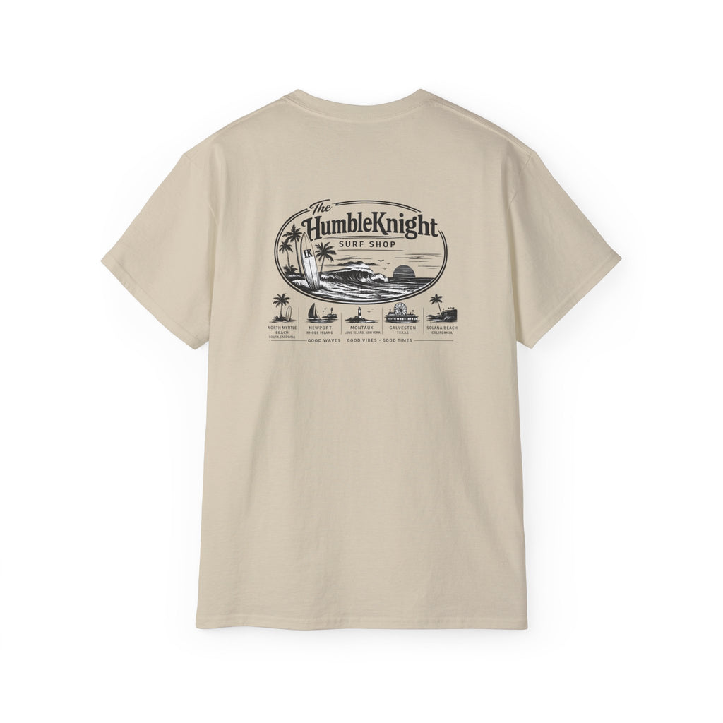 Humble Knight Surf Shop Tee - Vintage Beach Logo Cotton T-Shirt