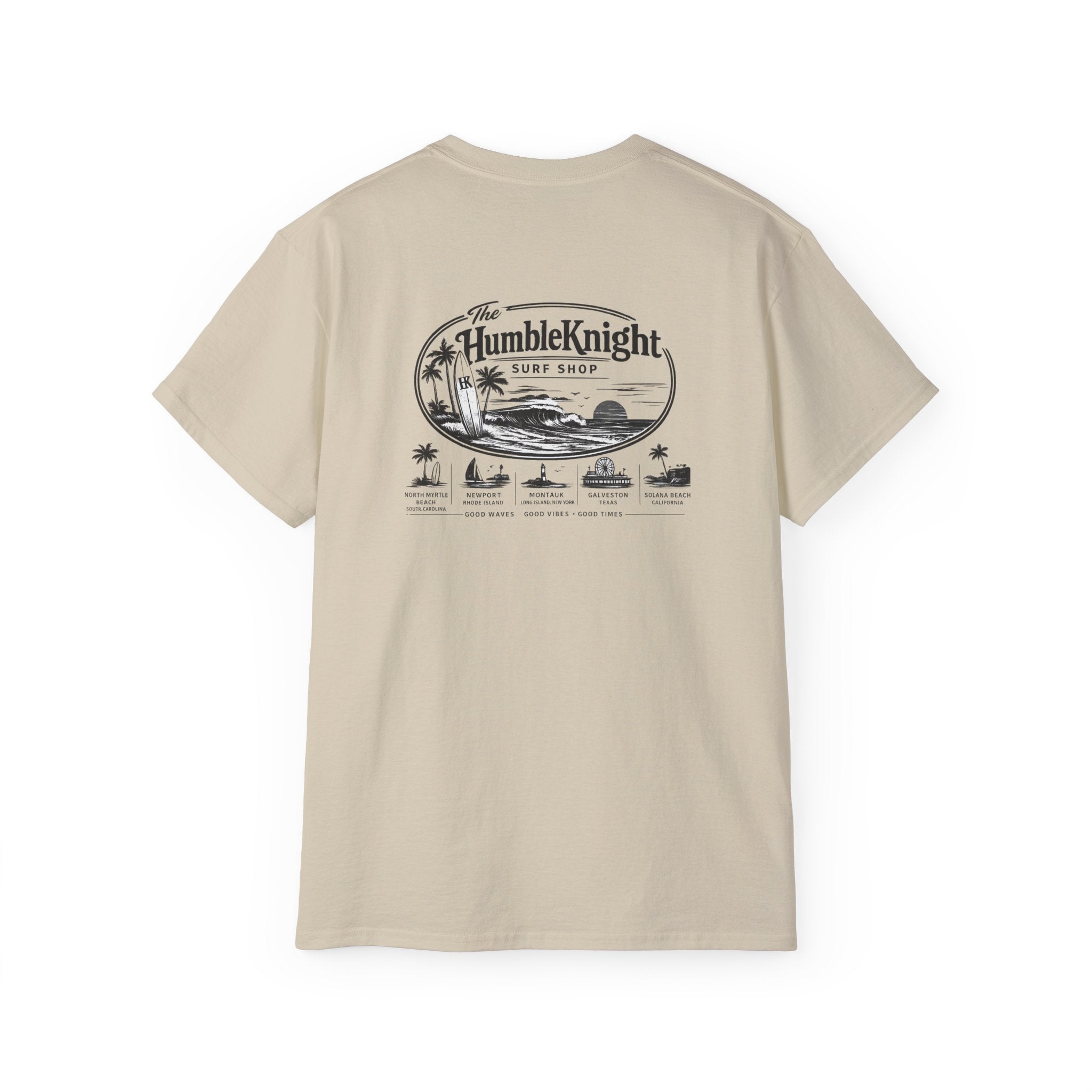 Humble Knight Surf Shop Tee - Vintage Beach Logo Cotton T-Shirt