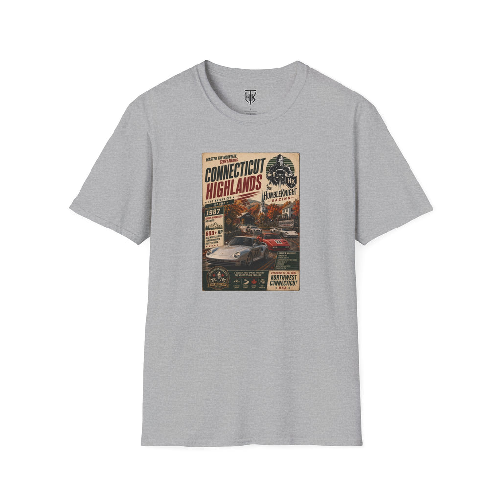 Connecticut Highlands Vintage Racing Tee — "Conn. Highlands" Retro Car Poster T-Shirt