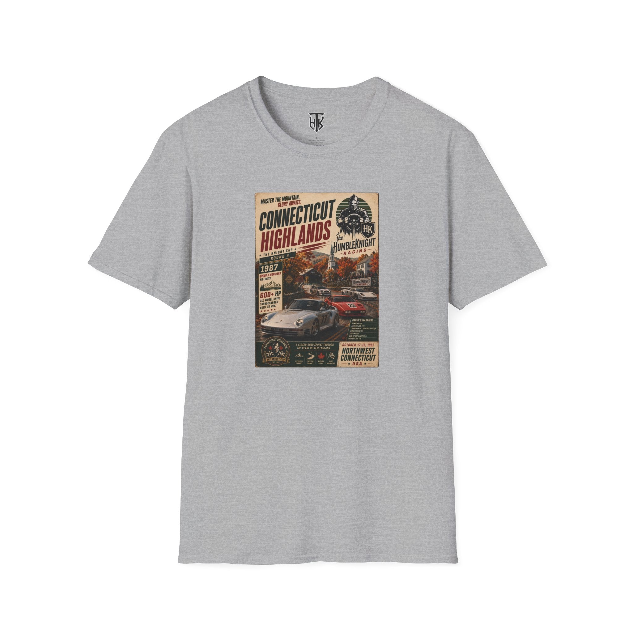 Connecticut Highlands Vintage Racing Tee — "Conn. Highlands" Retro Car Poster T-Shirt