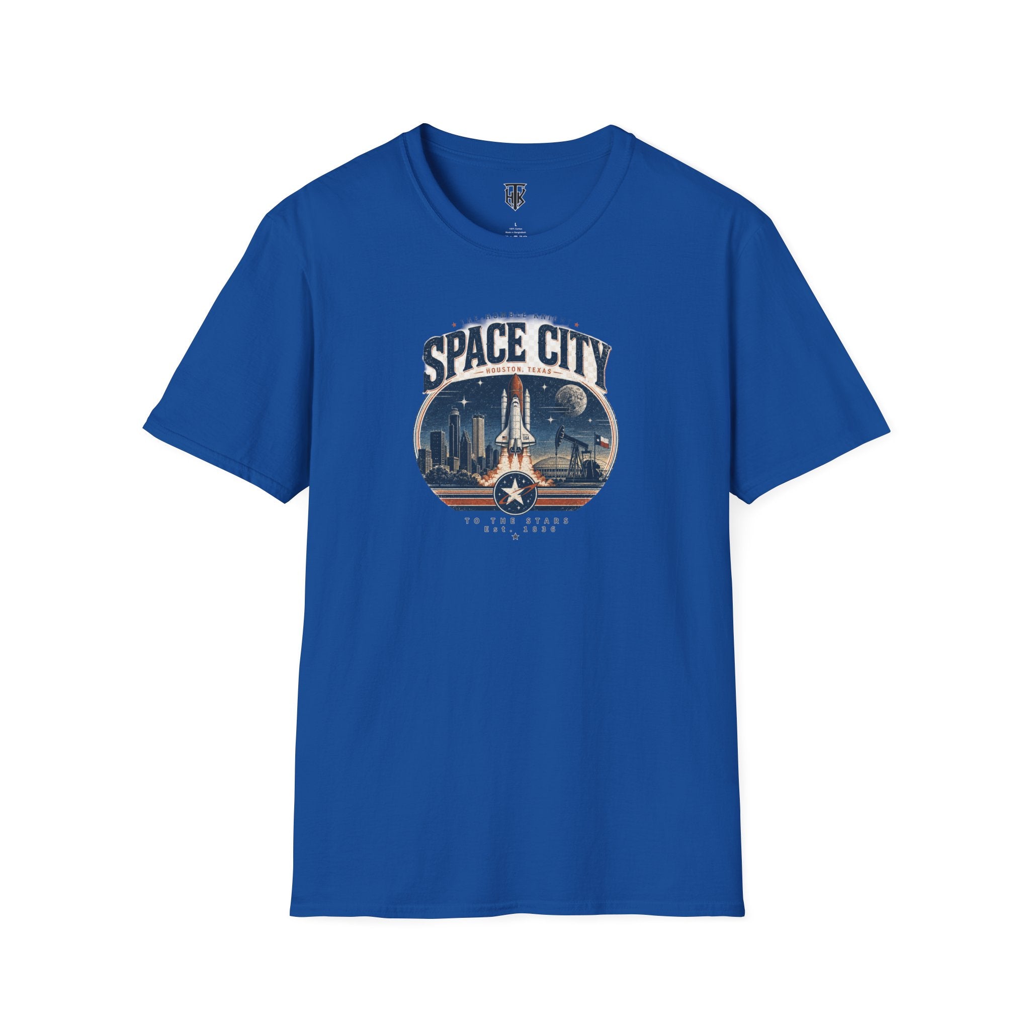 Space City T-Shirt — Vintage Rocket & Skyline Graphic Tee