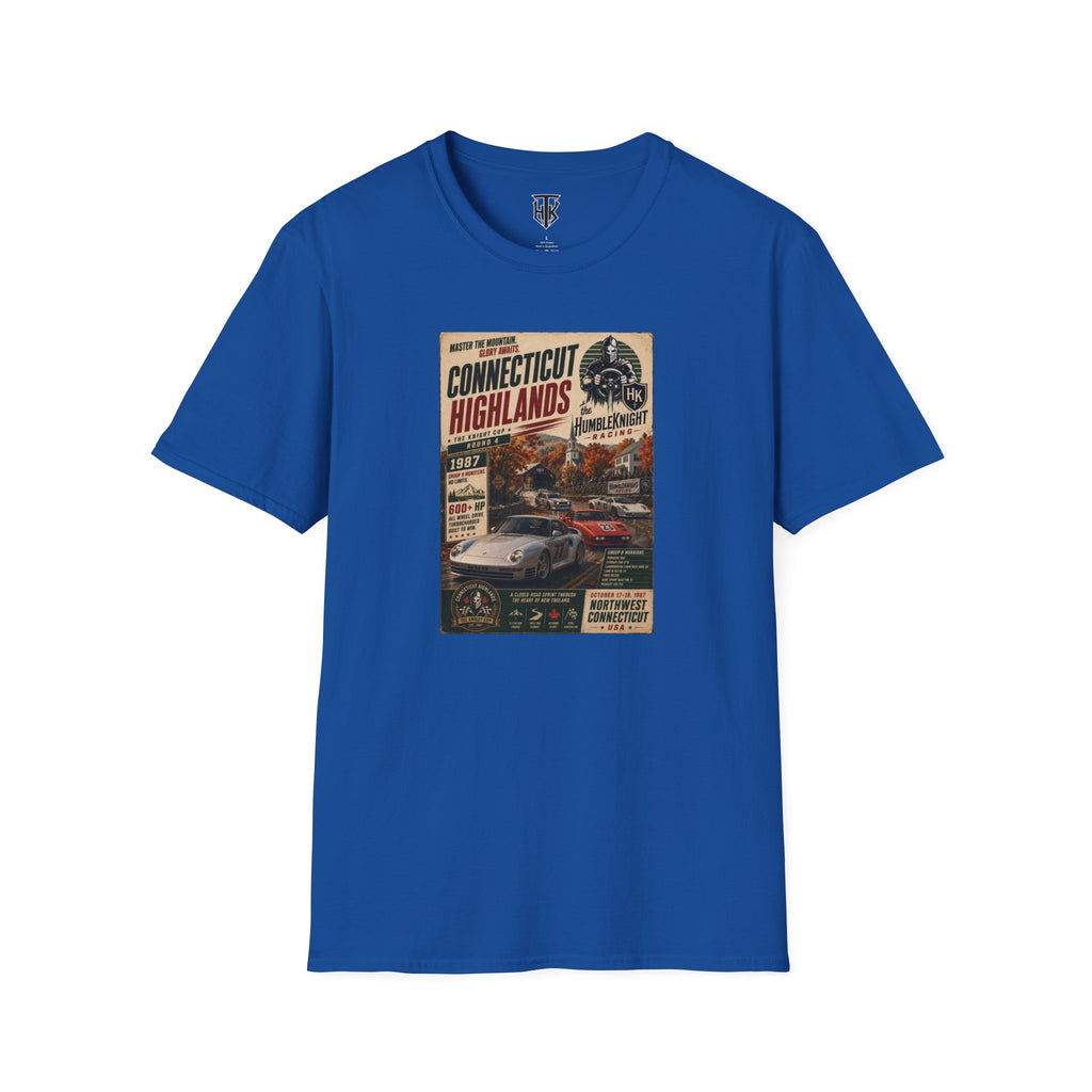 Connecticut Highlands Vintage Racing Tee — "Conn. Highlands" Retro Car Poster T-Shirt