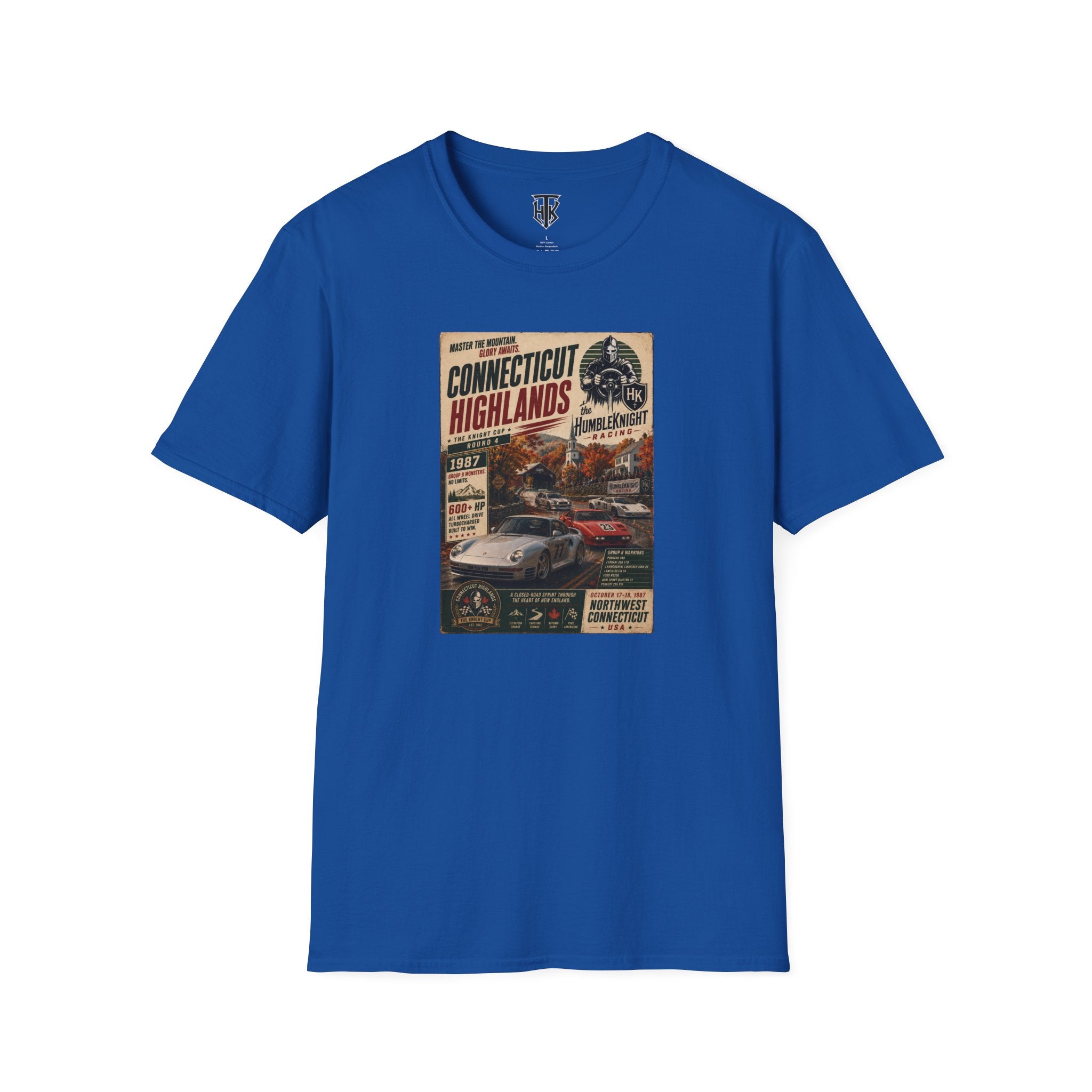 Connecticut Highlands Vintage Racing Tee — "Conn. Highlands" Retro Car Poster T-Shirt