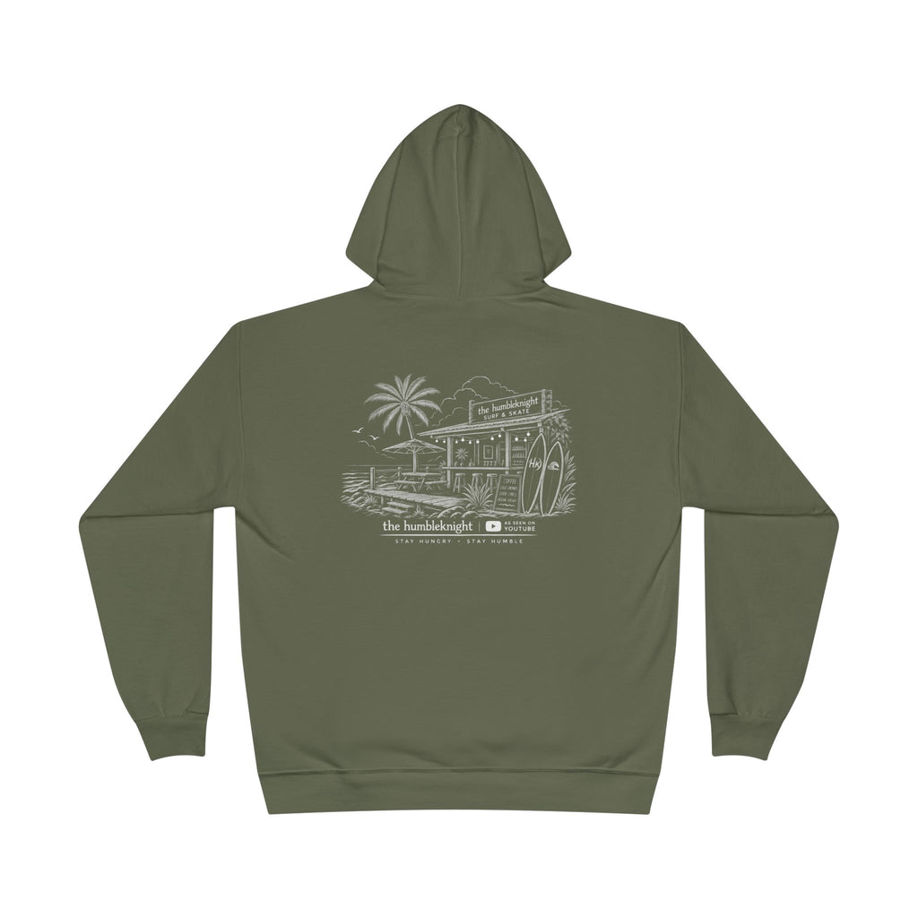 Vintage Humbleknight  Surf Shack Hoodie — Palm Tree Beach Pullover with 'The Surfside' Sketch
