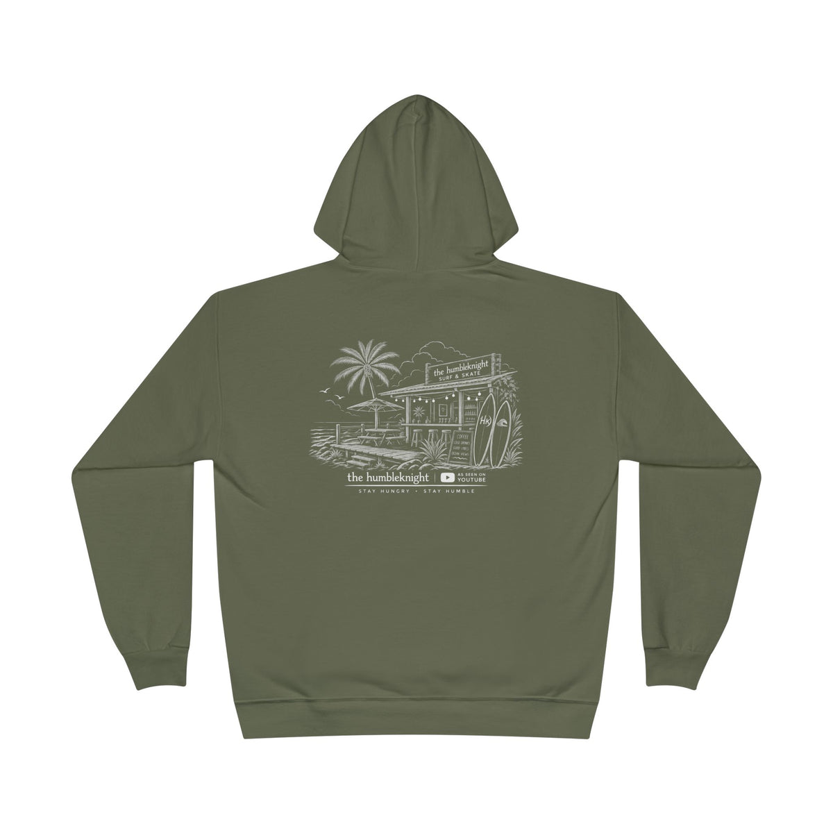 Vintage Humbleknight  Surf Shack Hoodie — Palm Tree Beach Pullover with 'The Surfside' Sketch