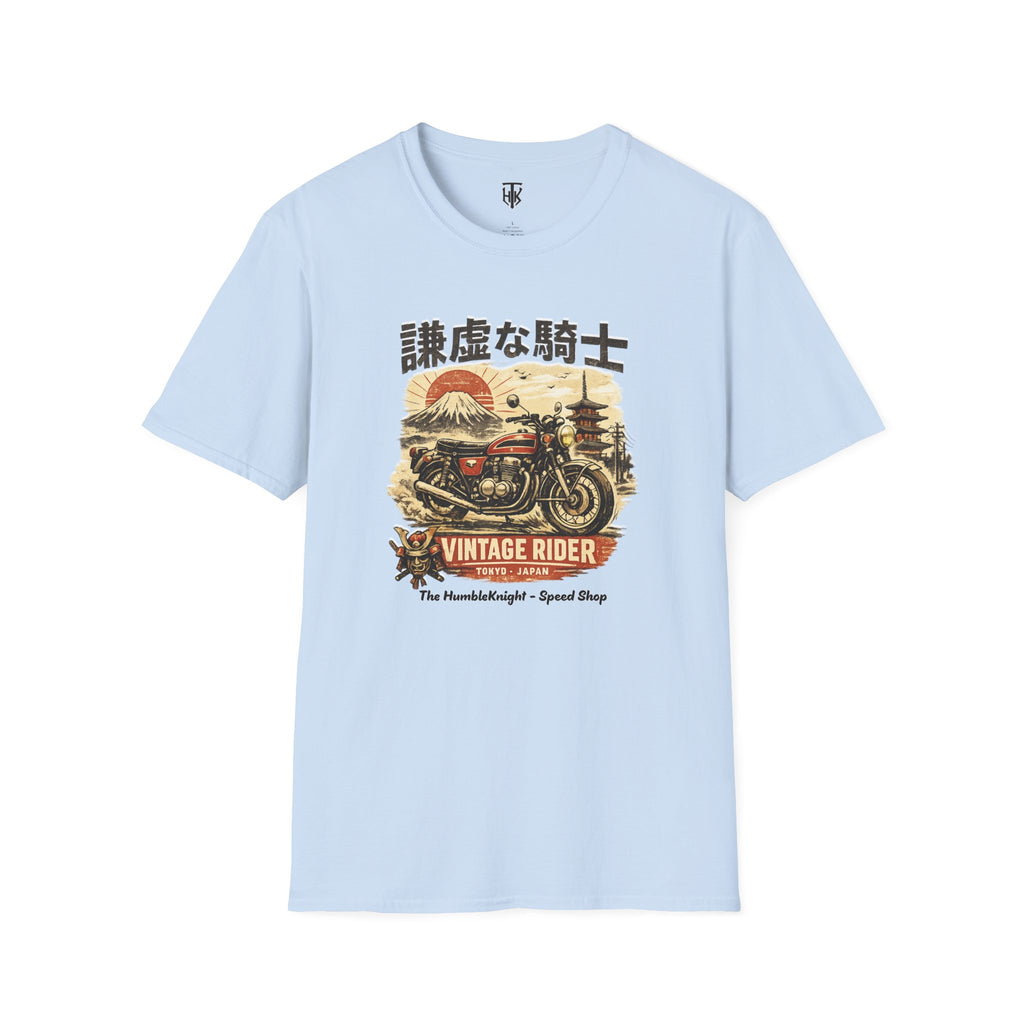Vintage Japanese Motorcycle T-Shirt — '謙虚な騎士' Vintage Rider Graphic