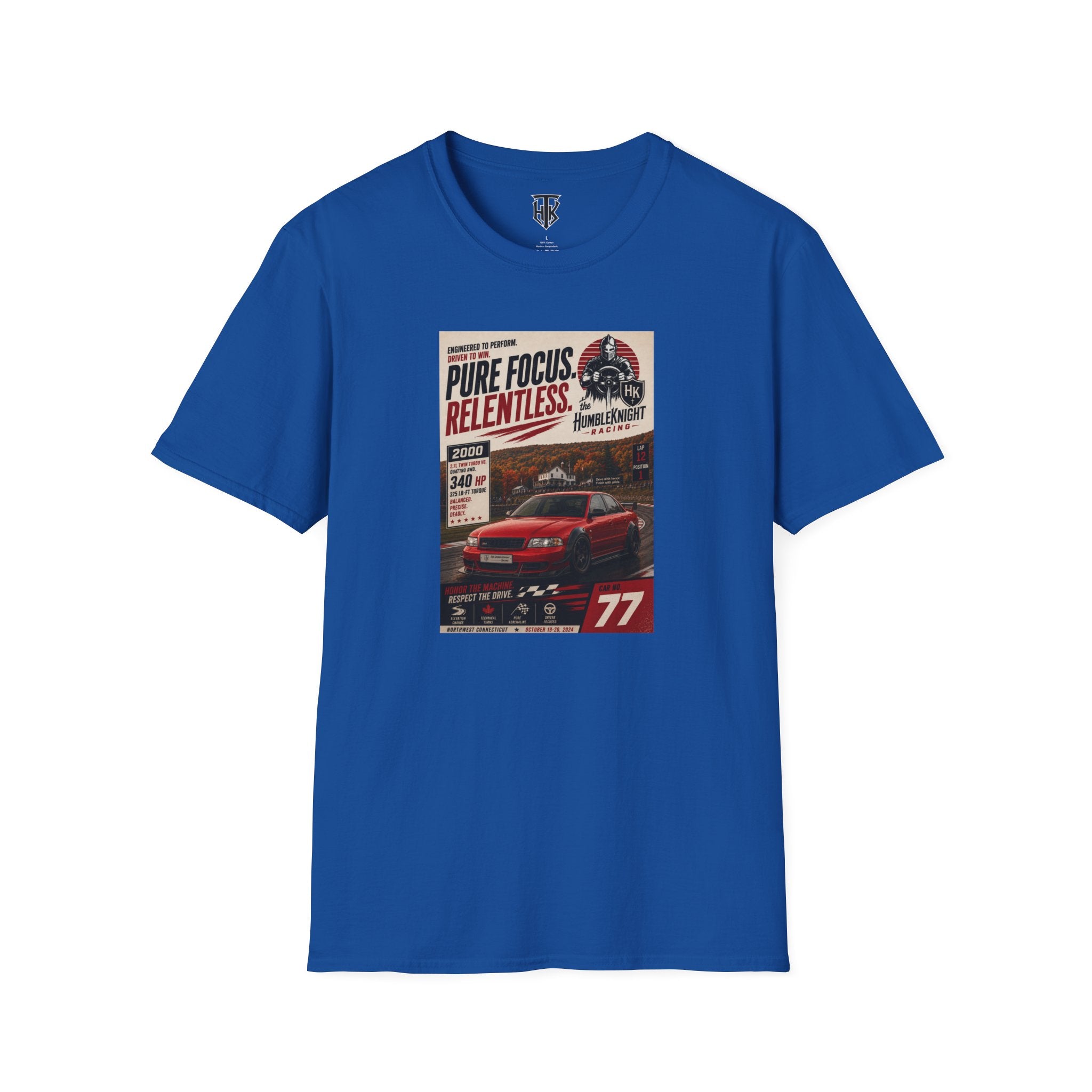 Racing Poster T-Shirt — "Pure Focus. Relentless." Vintage Car Graphic