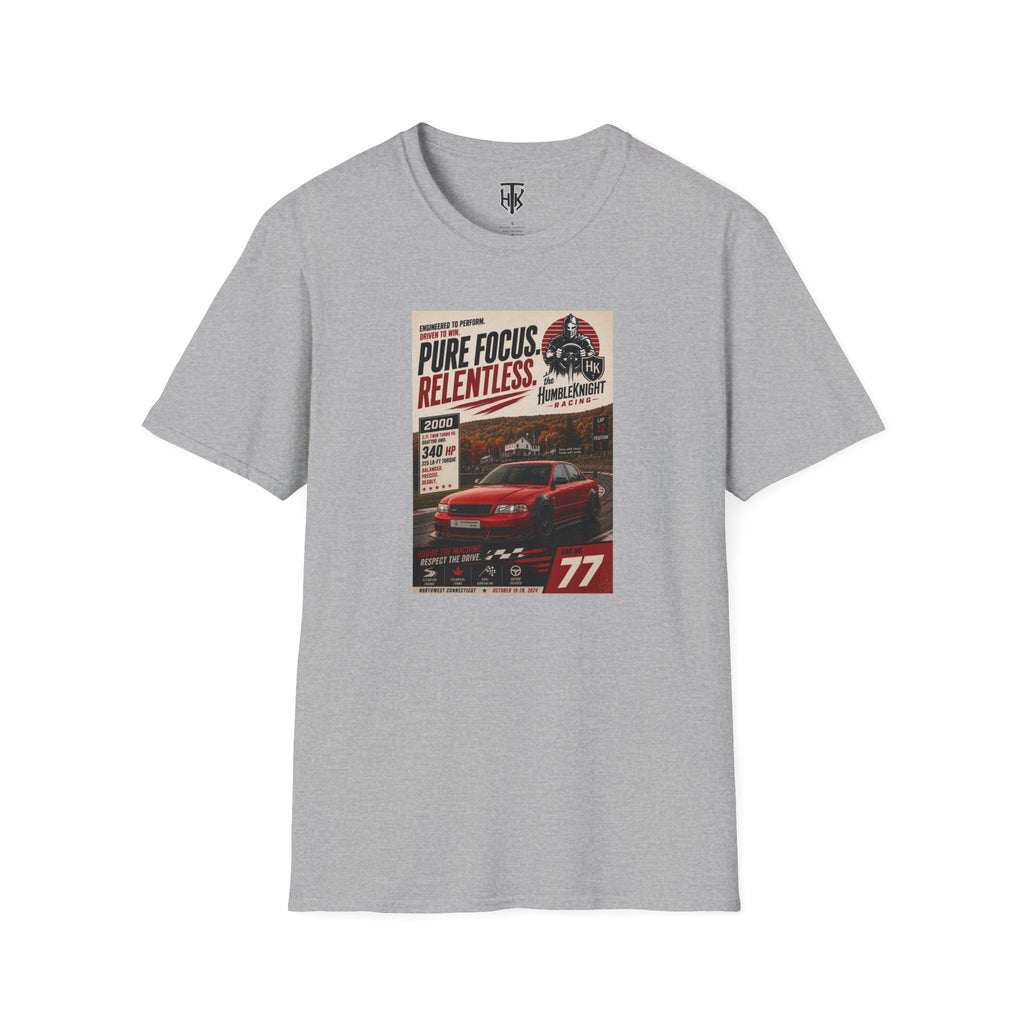 Racing Poster T-Shirt — "Pure Focus. Relentless." Vintage Car Graphic