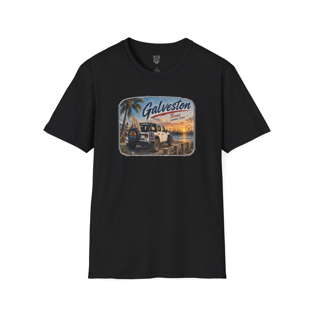 Galveston Beach Vintage T-Shirt — Texas Sunset Jeep Graphic