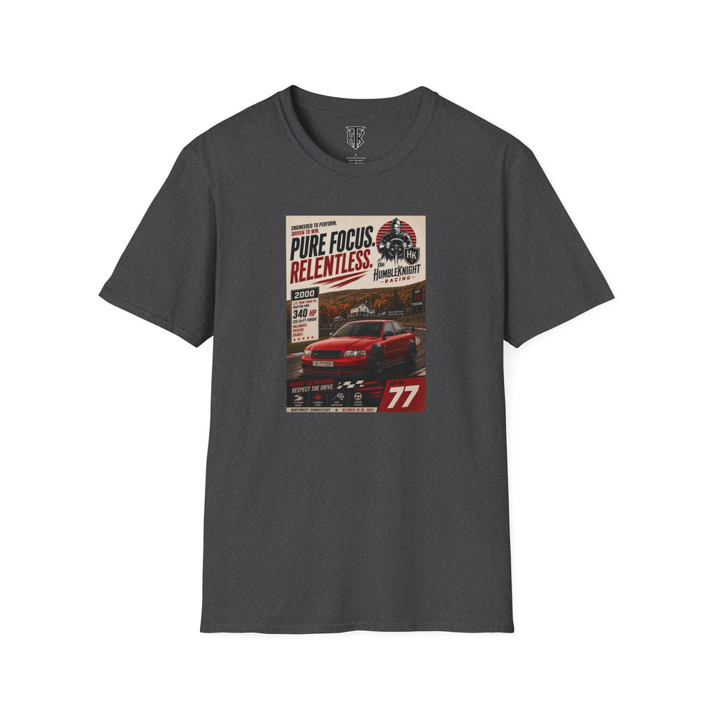 Racing Poster T-Shirt — "Pure Focus. Relentless." Vintage Car Graphic