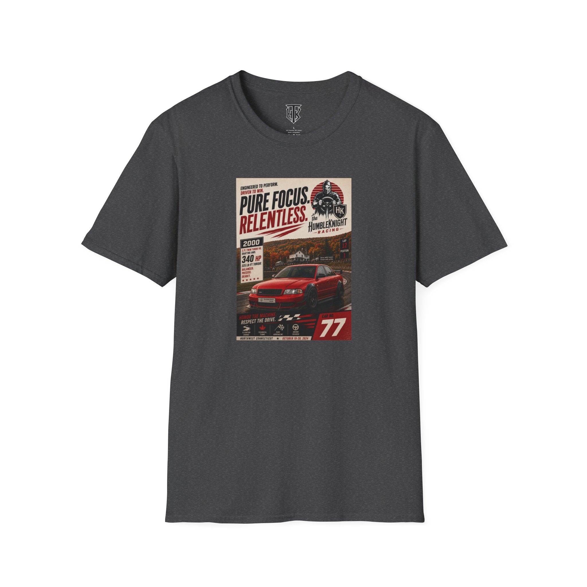 Racing Poster T-Shirt — "Pure Focus. Relentless." Vintage Car Graphic