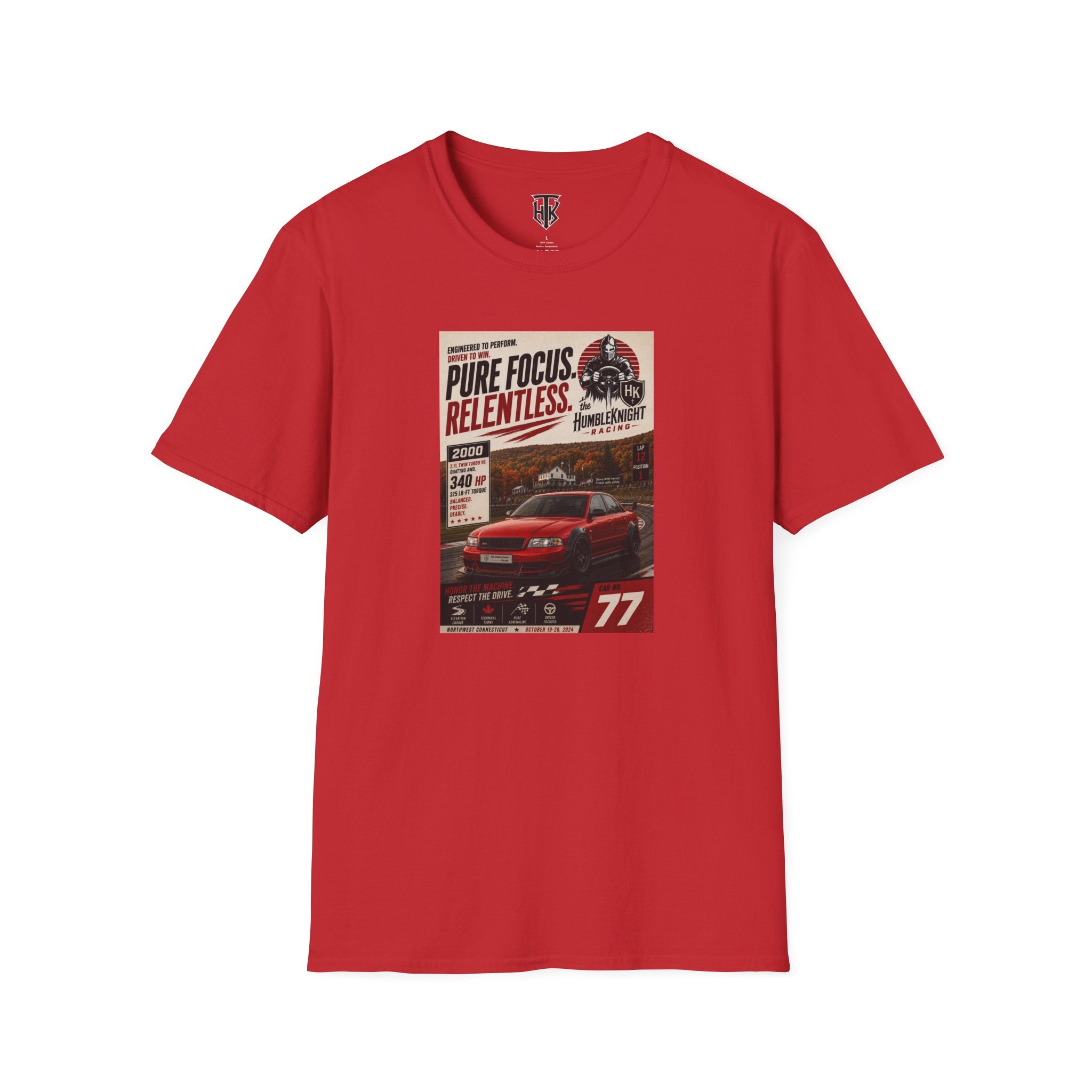 Racing Poster T-Shirt — "Pure Focus. Relentless." Vintage Car Graphic