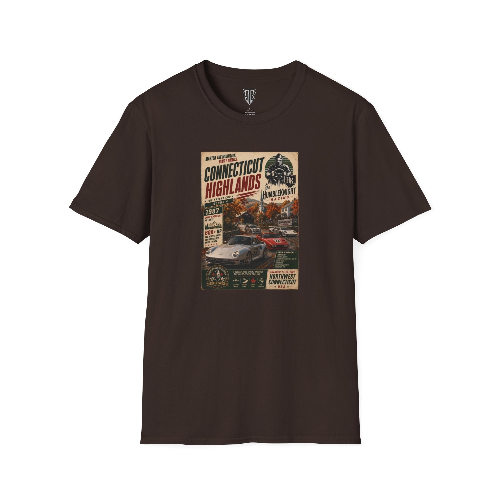 Connecticut Highlands Vintage Racing Tee — "Conn. Highlands" Retro Car Poster T-Shirt