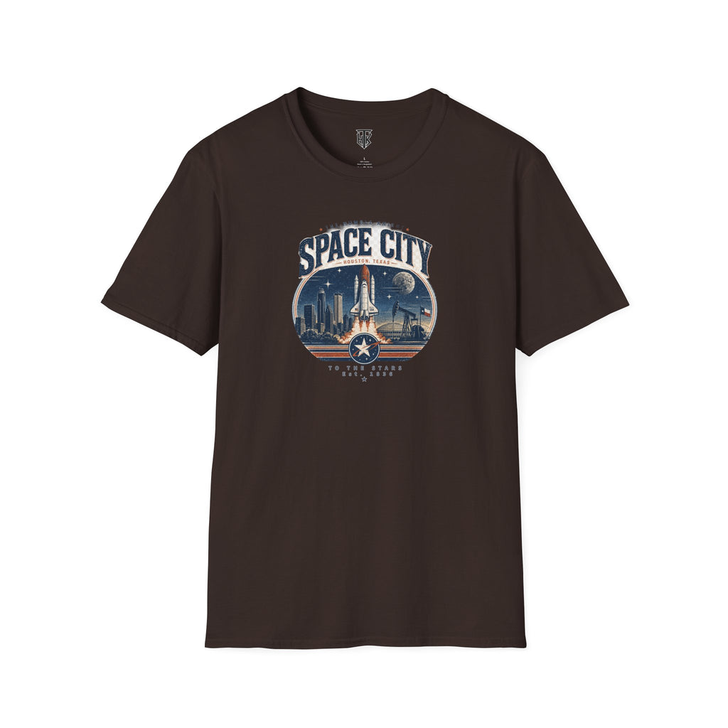 Space City T-Shirt — Vintage Rocket & Skyline Graphic Tee