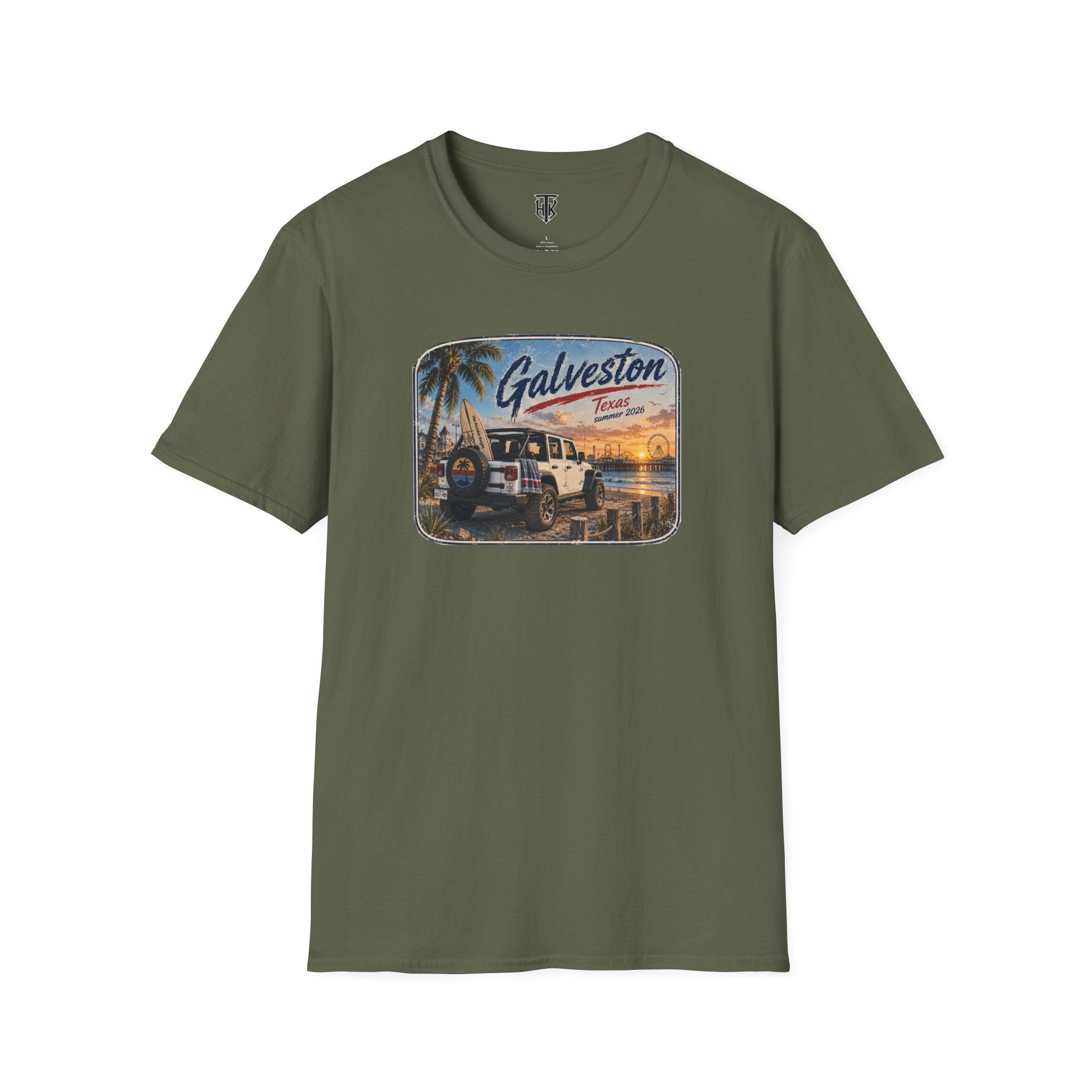 Galveston Beach Vintage T-Shirt — Texas Sunset Jeep Graphic