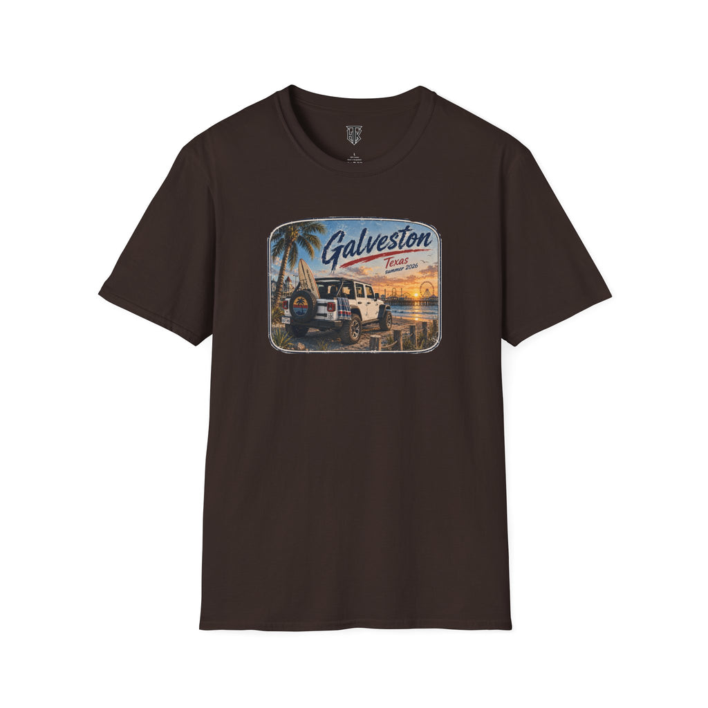 Galveston Beach Vintage T-Shirt — Texas Sunset Jeep Graphic
